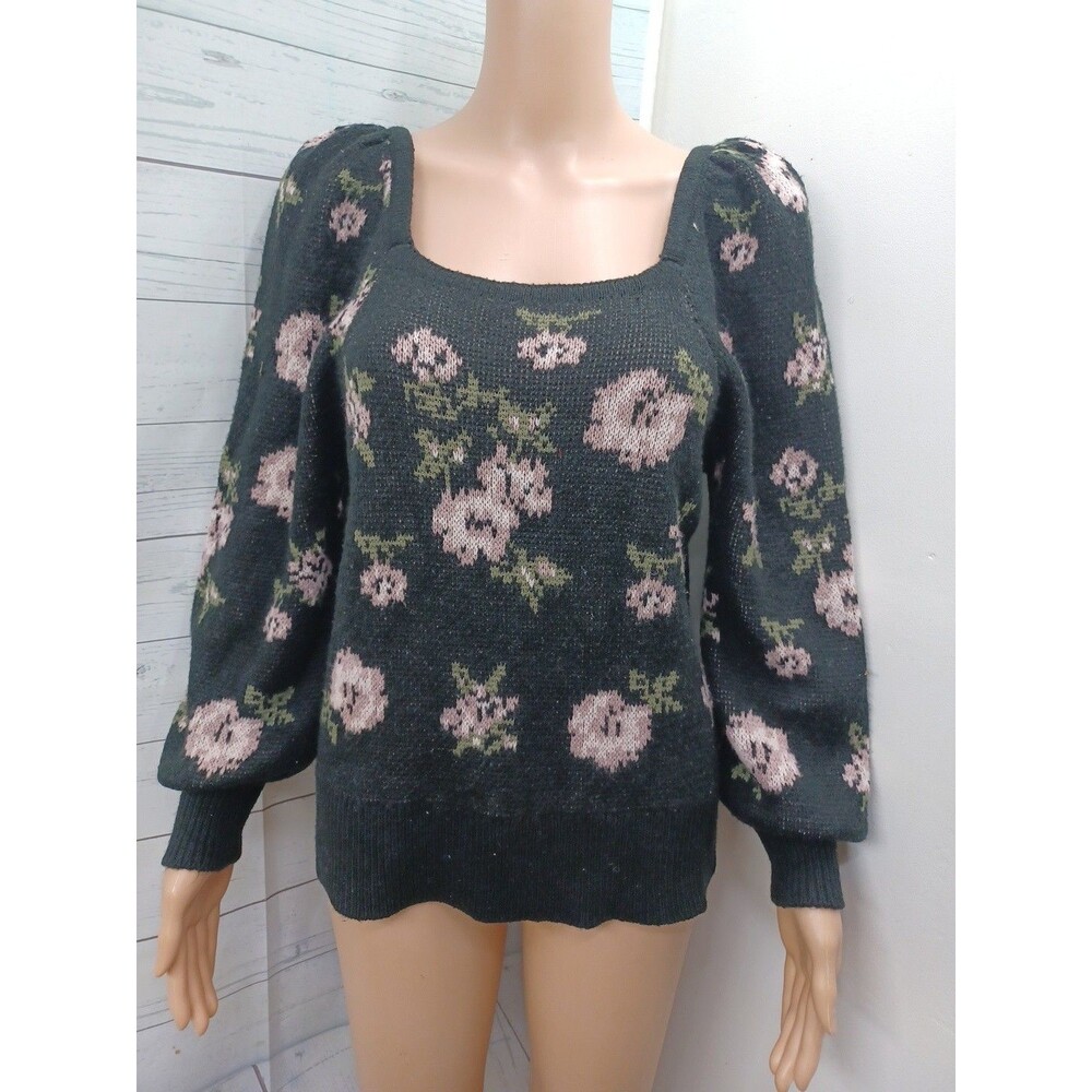 Cato Black Floral Puff Sleeve Square Neck Rose Floral Sweater Sz M